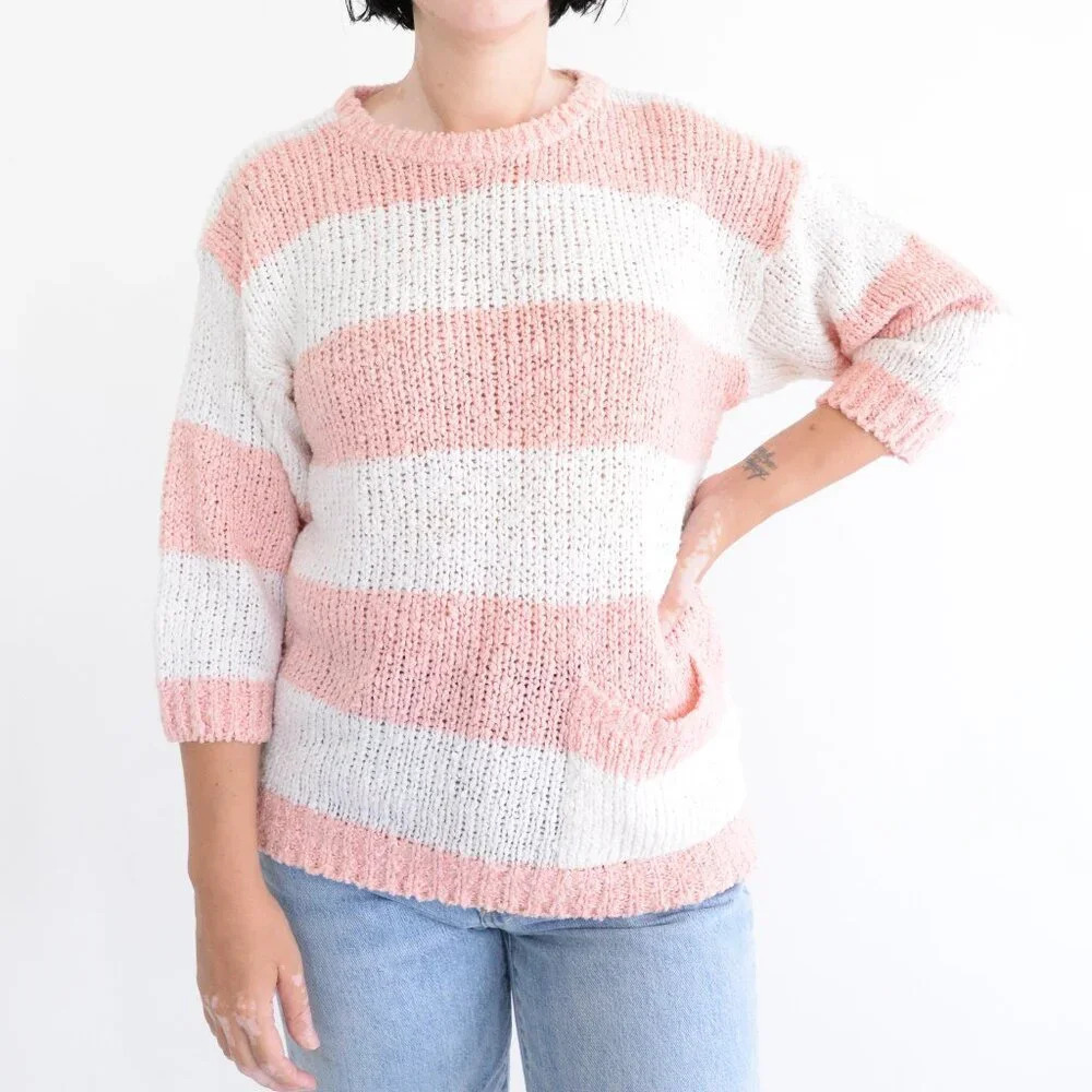 Vintage Sam & Max Pink & White Block Stripes  Knit Crewneck Pullover Sweater S